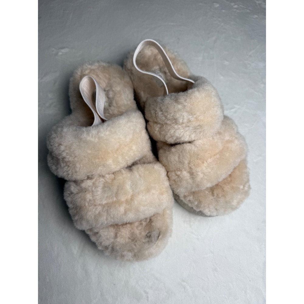UGG Fluffita Cream Sheepskin Platform Slingback Slides Sandals Womens 7
